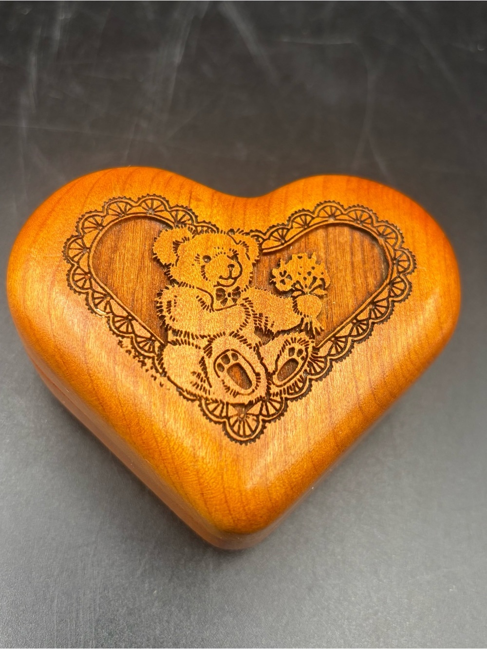 Music Box Carved Heart Shape Wood Teddy Bear Jewelry Box Laser Cut Lined
